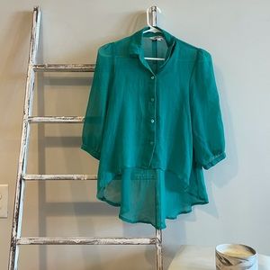 Emerald green sheer long sleeve button down hi-low blouse for women